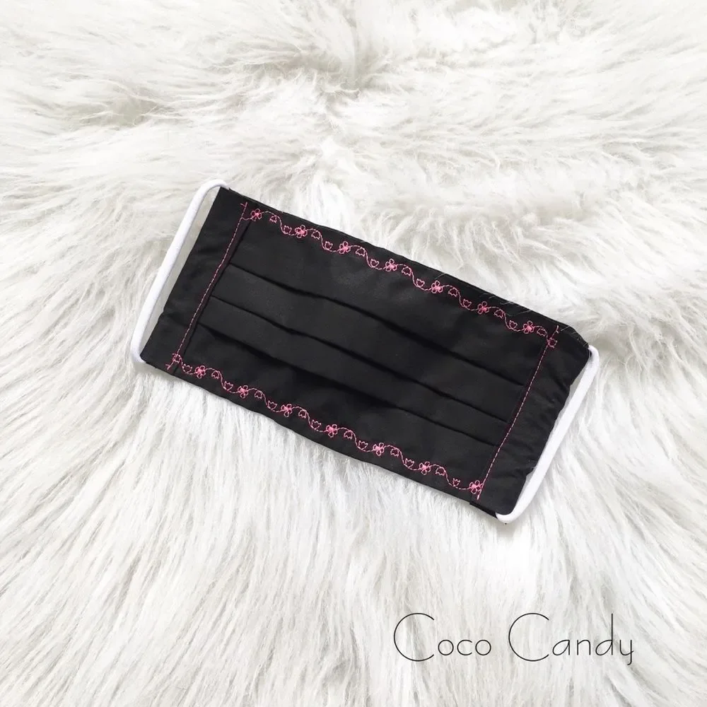 🆕Embroidered Pink Flower Black Fabric Reusable Face Mask